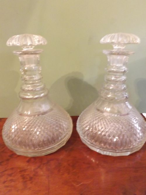 pair early c20th regency style cutglass ships decanters