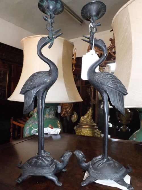 pair c19th oriental bronze candlesticks