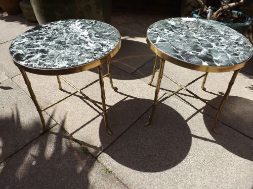 pair early c20th french brass and marble occasional tables