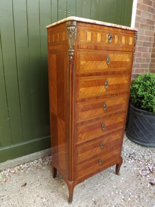 late c19th french louis xv style kingwood tulipwood and walnut 'semainier' chest of seven drawers with gilt brass mounts
