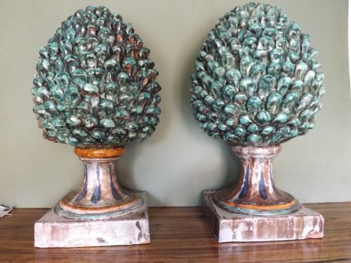 pair of early c20th italian maiolica pottery 'pinecone' finial ornaments