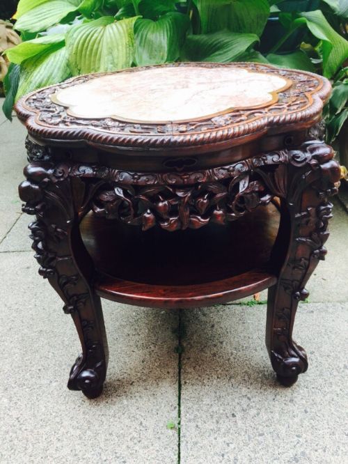 large late c19th chinese qing dynasty carved hardwood 2tier marbletop table