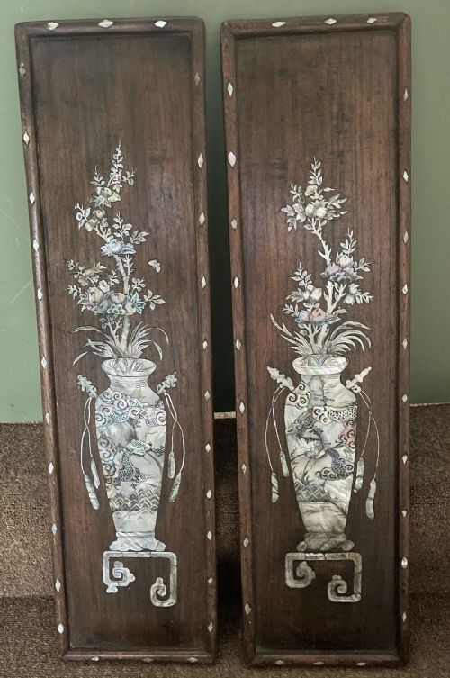 pair of late c19th chinese qing dynasty nacreshell inlaid hardwood rectangular wallhanging panels