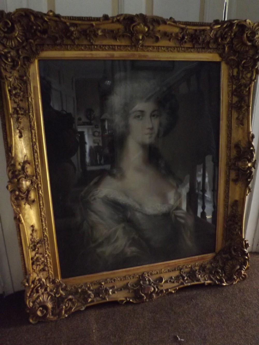 c19th pastel portrait drawing of aristocratic woman in large giltwood and gesso surround frame