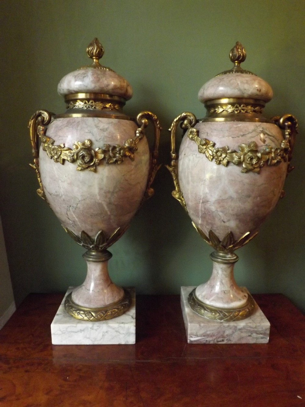 pair late c19th french ormolumounted 'rouge' marble urns