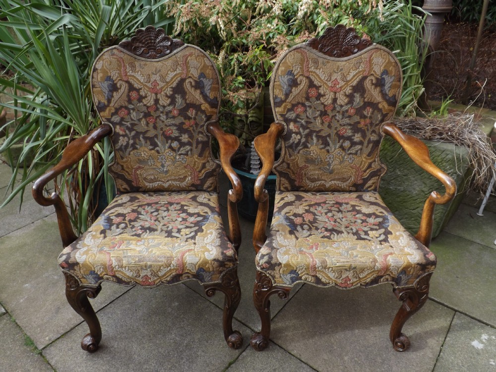 pair late c19thearly c20th george i period style walnut framed armchairs