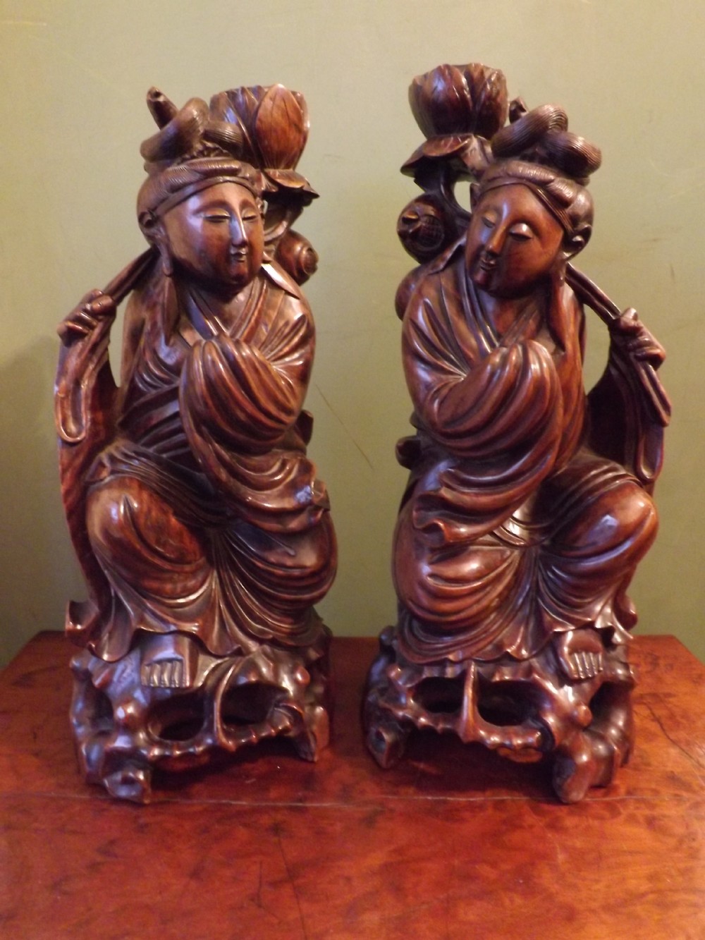 pair late c19th chinese carved hardwood figures