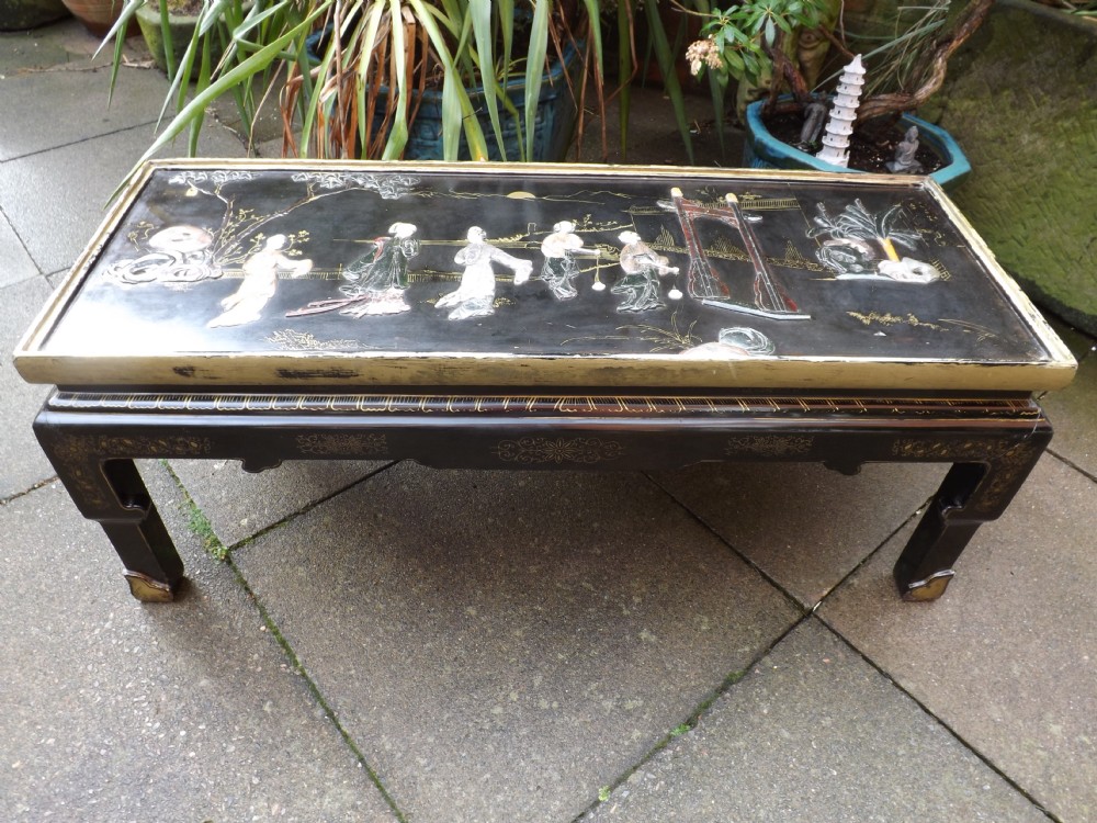 early c20th chinese lacquer low 'coffee' table with decorative carved soapstone top