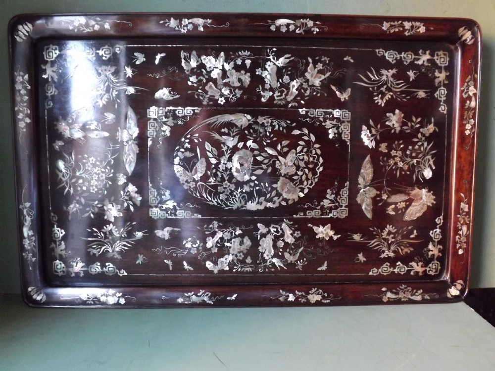 late c19th chinese 'mother of pearl' inlaid hardwood tray