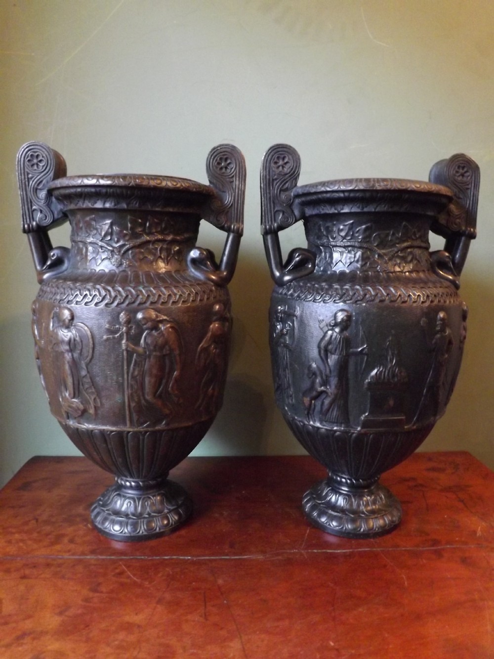 pair of c19th 'grand tour' souvenir bronze vases