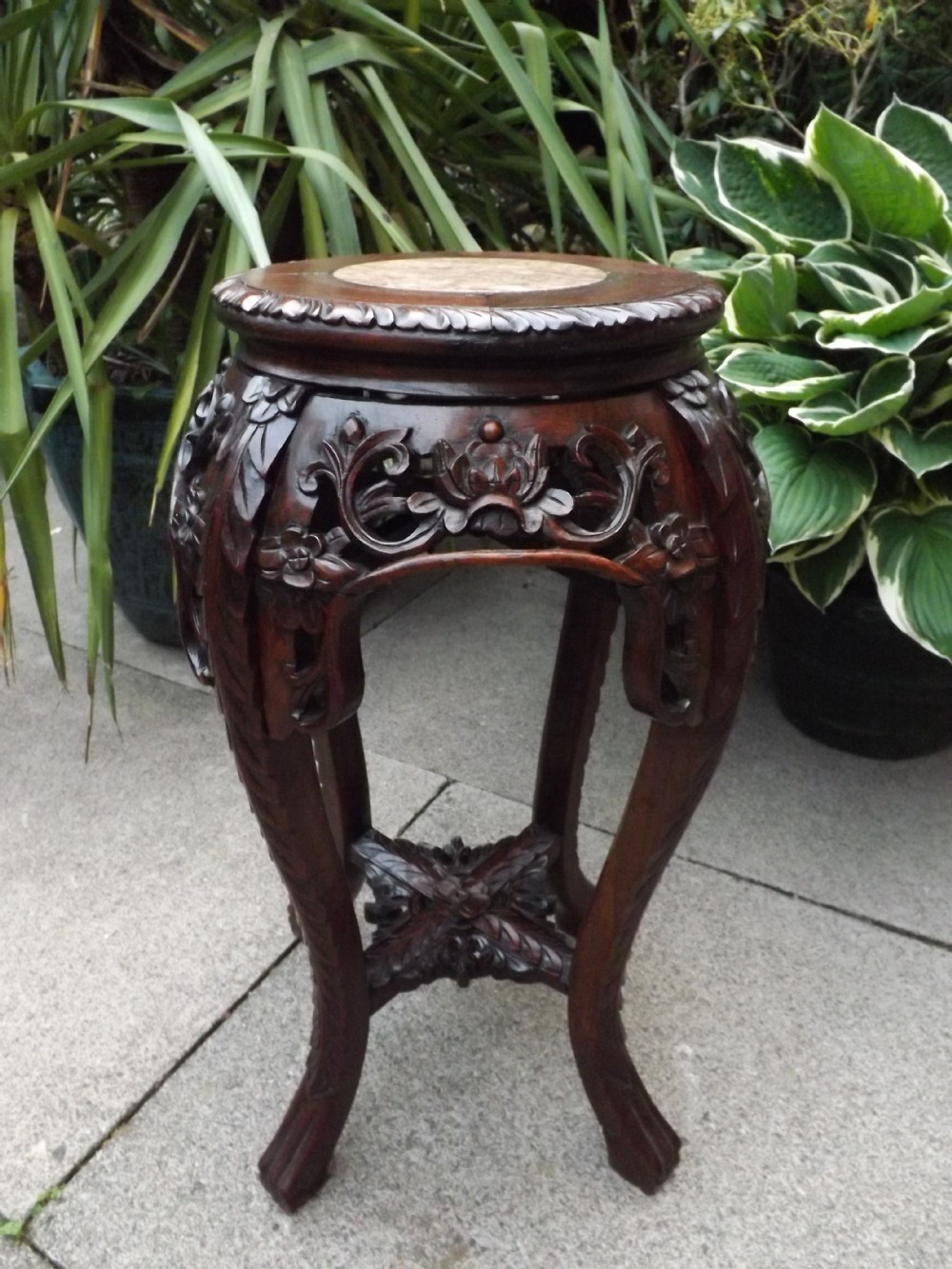 c19th chinese carved hardwoodrosewood marbletop jardinire stand
