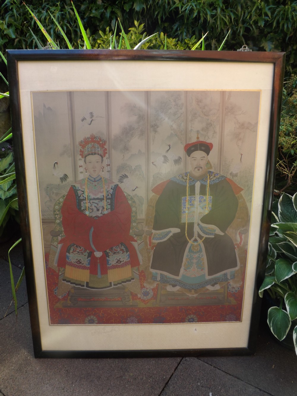 early c20th chinese 'ancestors' watercolour drawing in lacquered frame