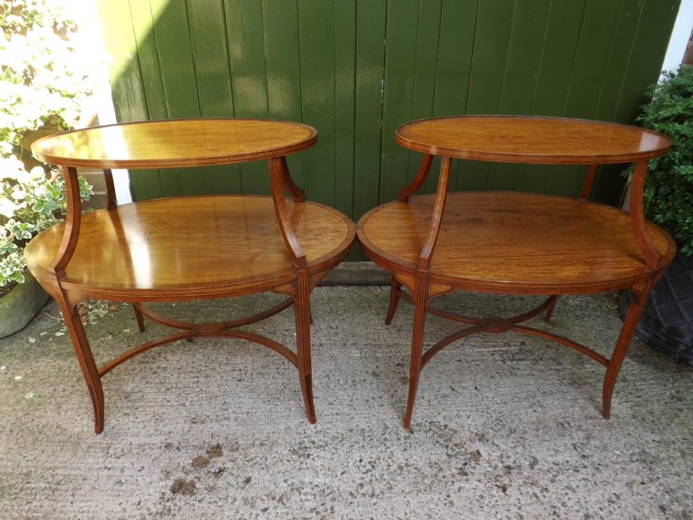 matched pair of late c19th edwardian period inlaid satinwood oval 2tier etageres