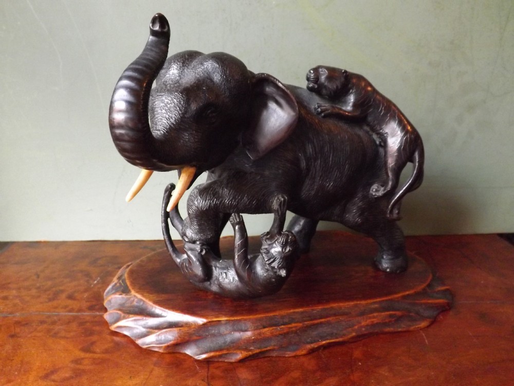 late c19th japanese bronze study of an elephant and two attacking tigers