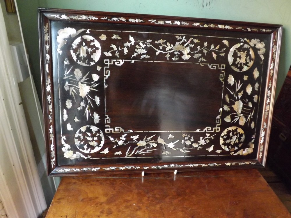 late c19th chinese qing dynasty 'mother o'pearl' inlaid hardwood tray