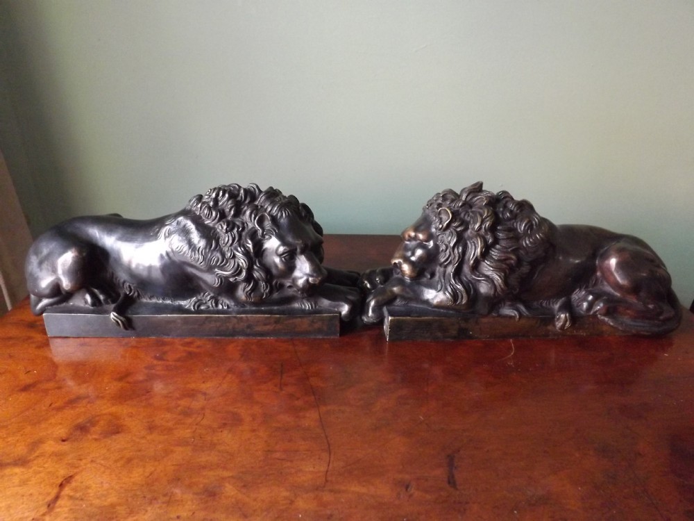 pair of late c19th 'grand tour' souvenir bronze lions after antonio canova