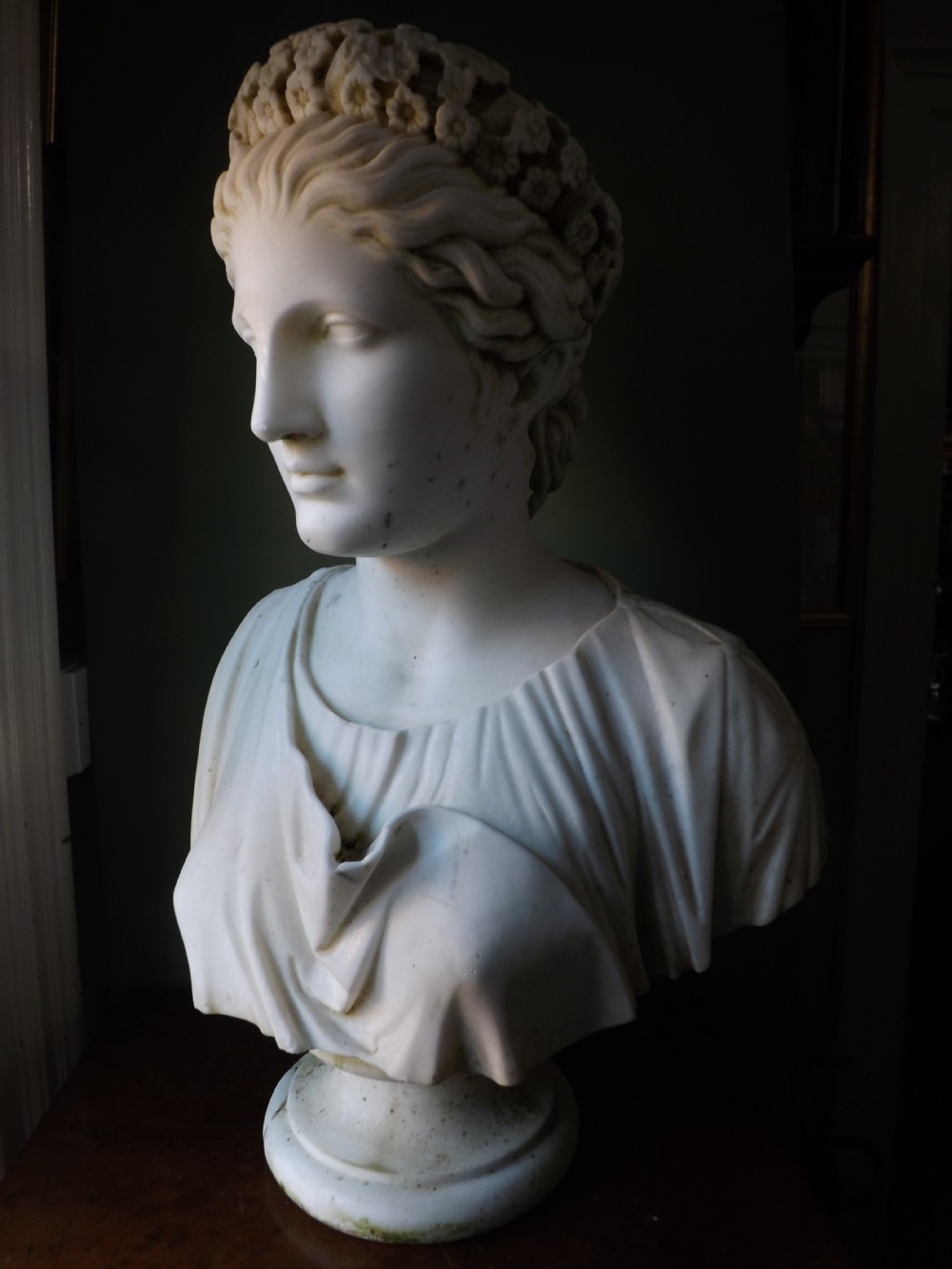 c19th carved white statuary marble bust of flora
