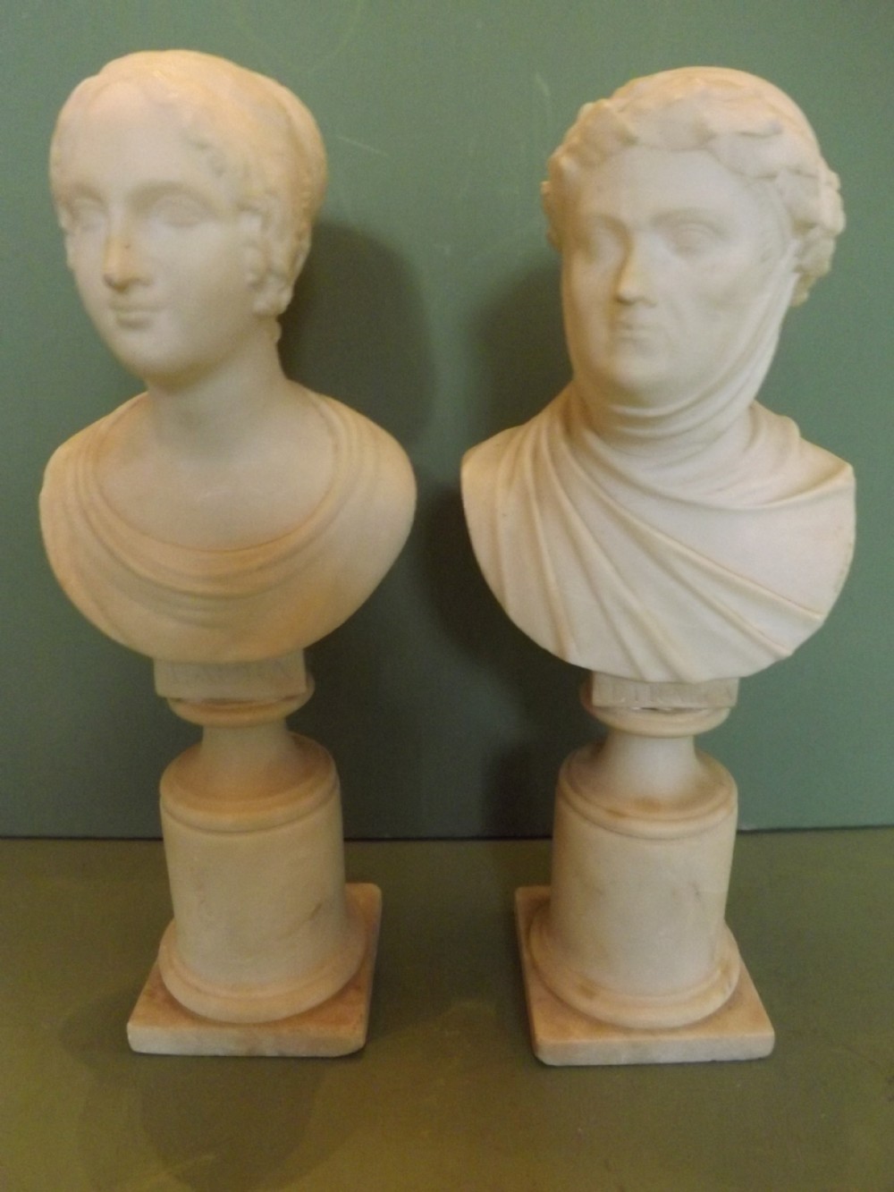 pair of c19th italian carved alabaster busts of petrarca and laura