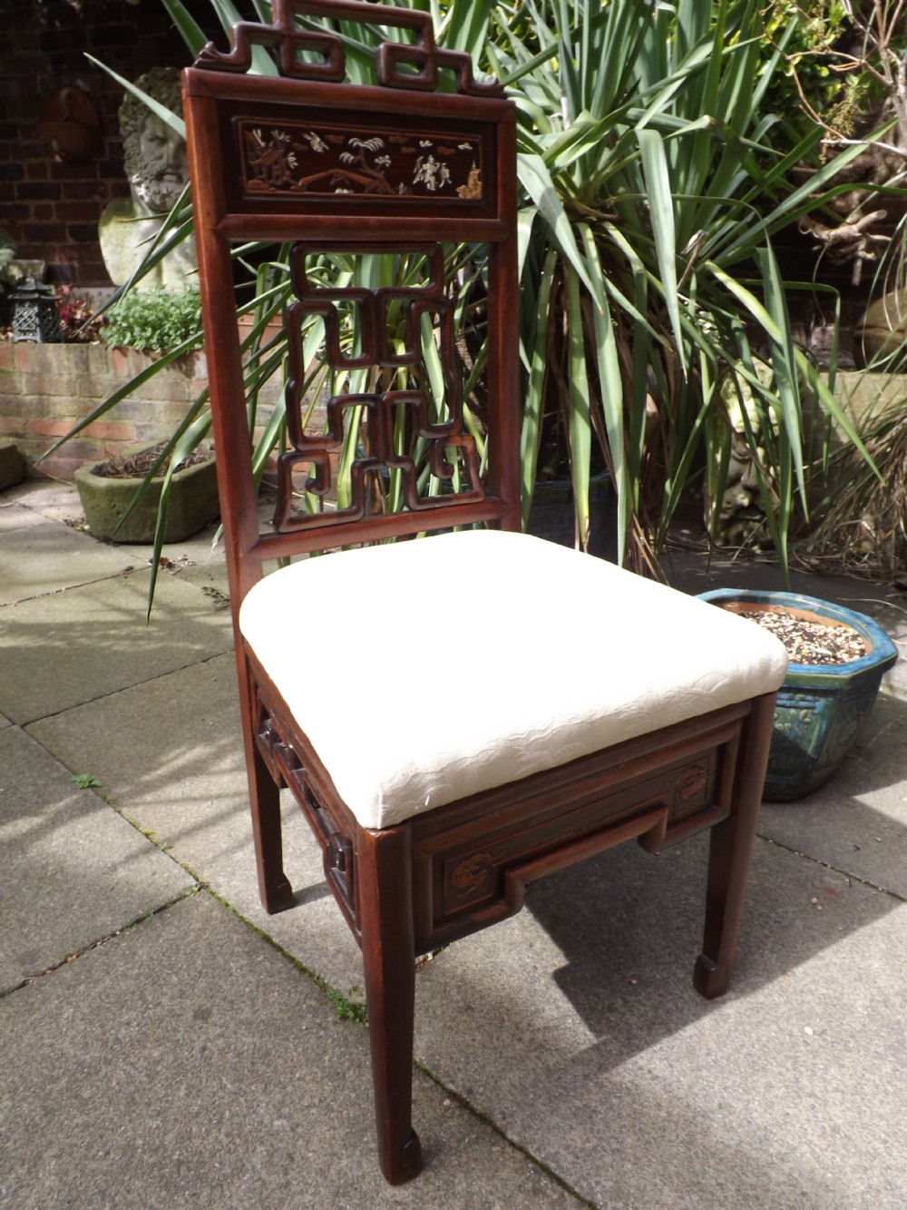 late c19th early c20th chinese hardwood sidechair with open fretwork back and ivory and boxwood inlaid panel