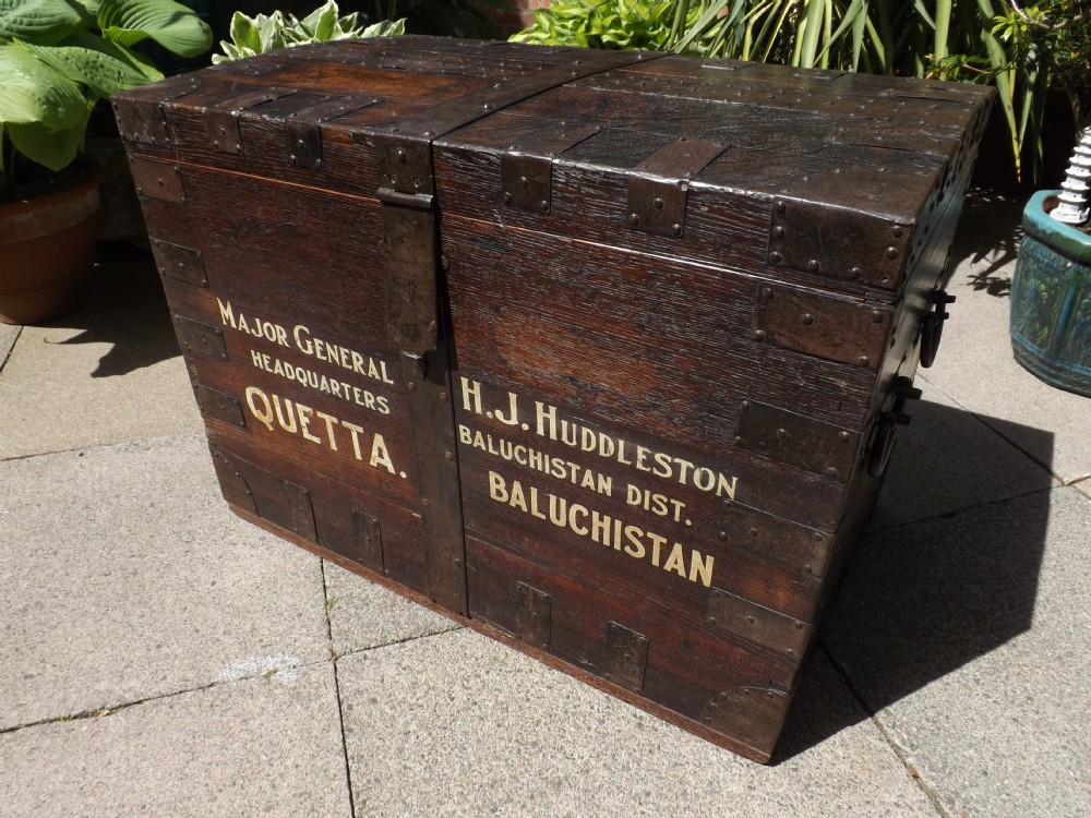 late c18th ironbound oak silverchest with provenance and later personalised painted military campaign letterwork