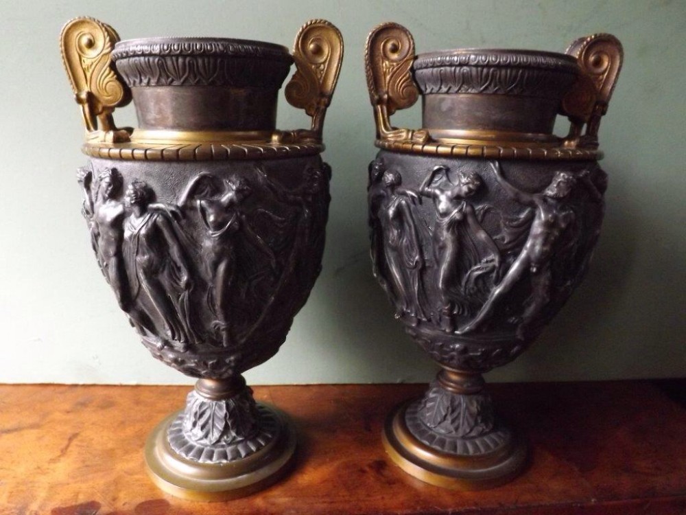pair of late c19th 'grand tour' souvenir bronzed and giltbrass classical vases after the antique