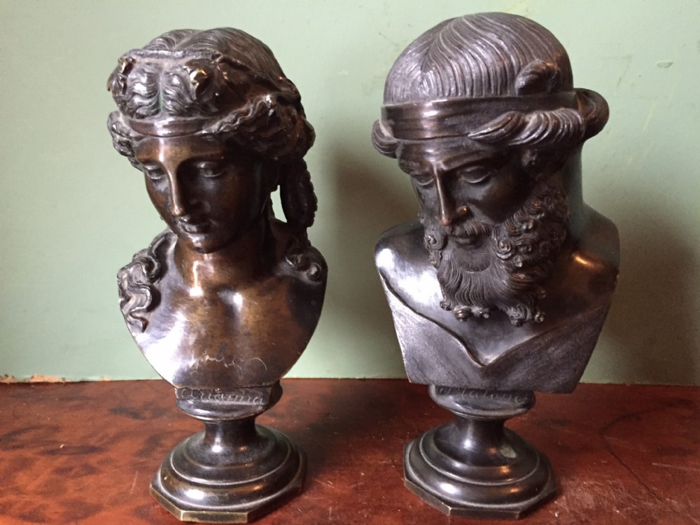 pair of late c19th bronze miniature 'grand tour' souvenir busts of plato and ariadne