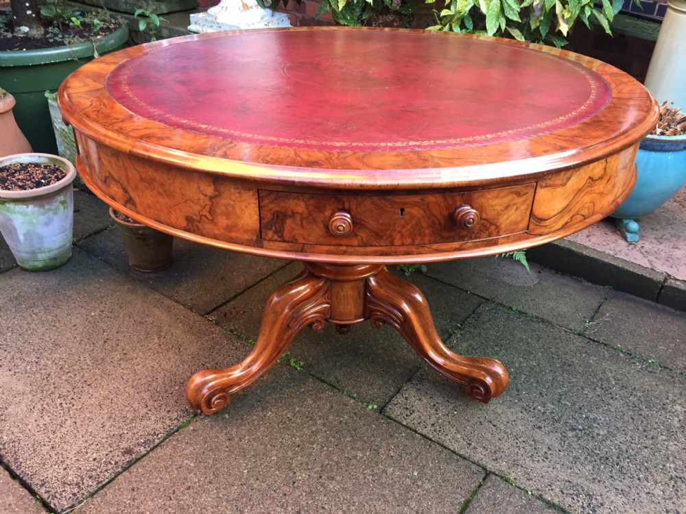 c19th midvictorian period figured and burr walnut library 'drum' table