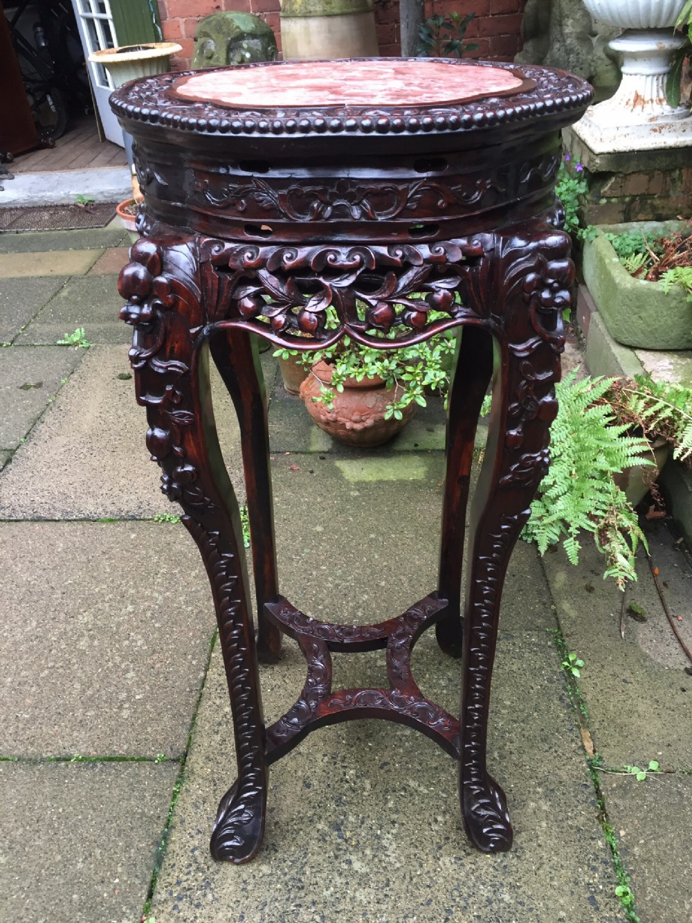 large scale late c19th chinese qing dynasty carved hardwood marbletop jardiniere stand