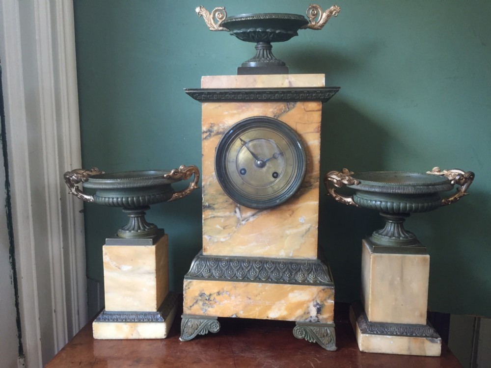early c19th french charles x period siena marble and patinated bronze clock garniture