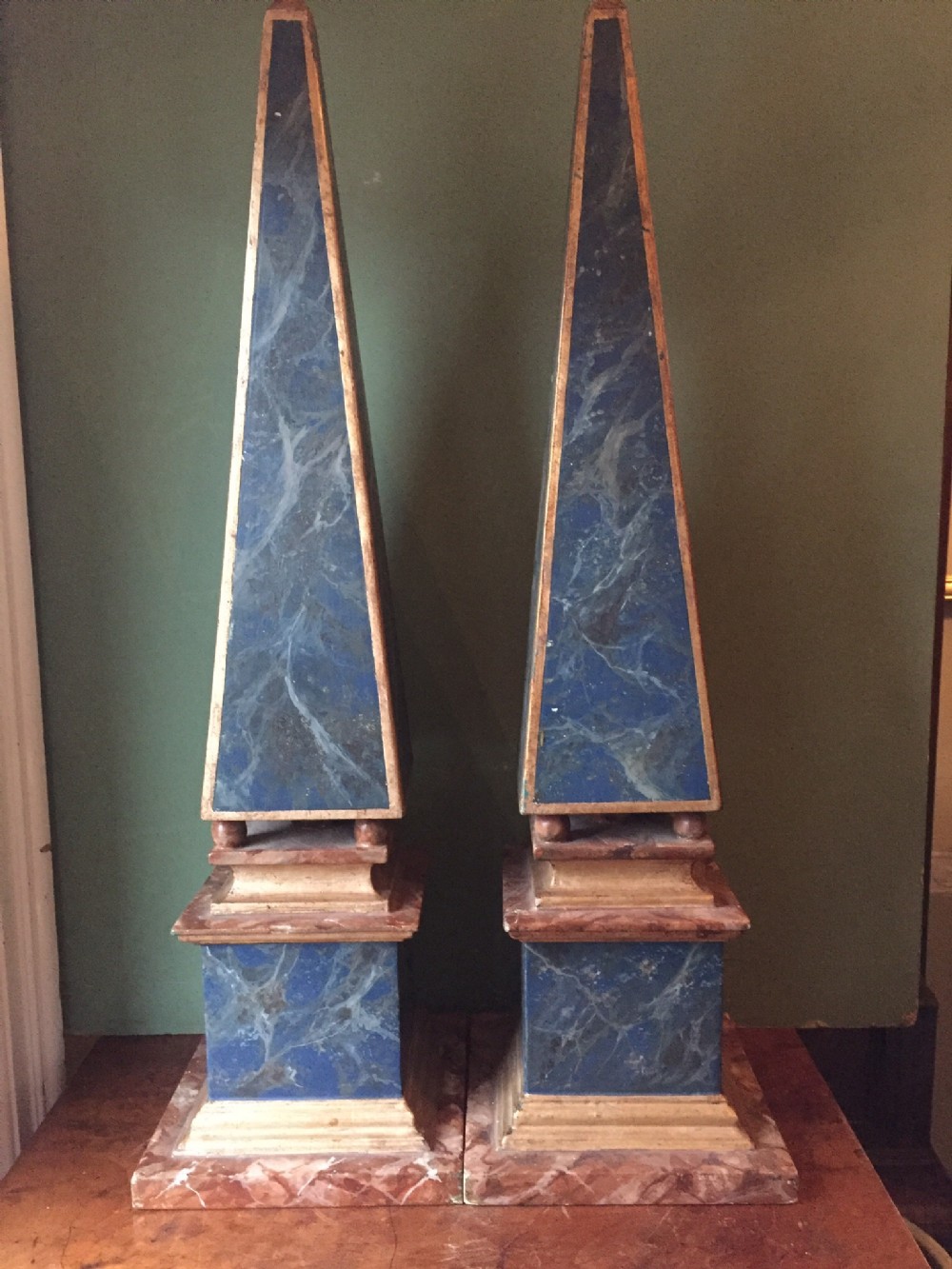 large pair of late c19th italian wooden 'faux marble' obelisks