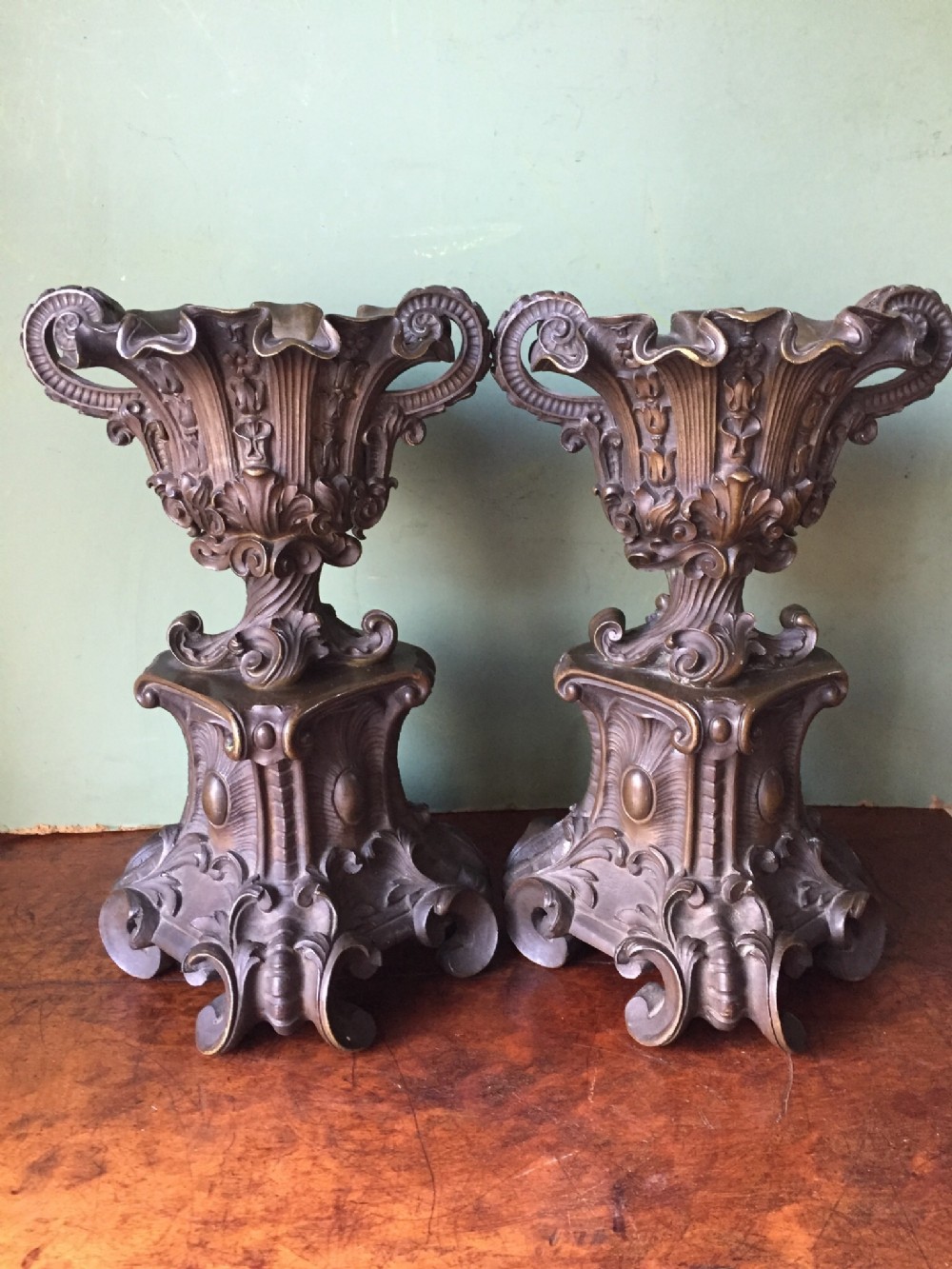 pair of c19th french bronze rococostyle urns of louis xv design