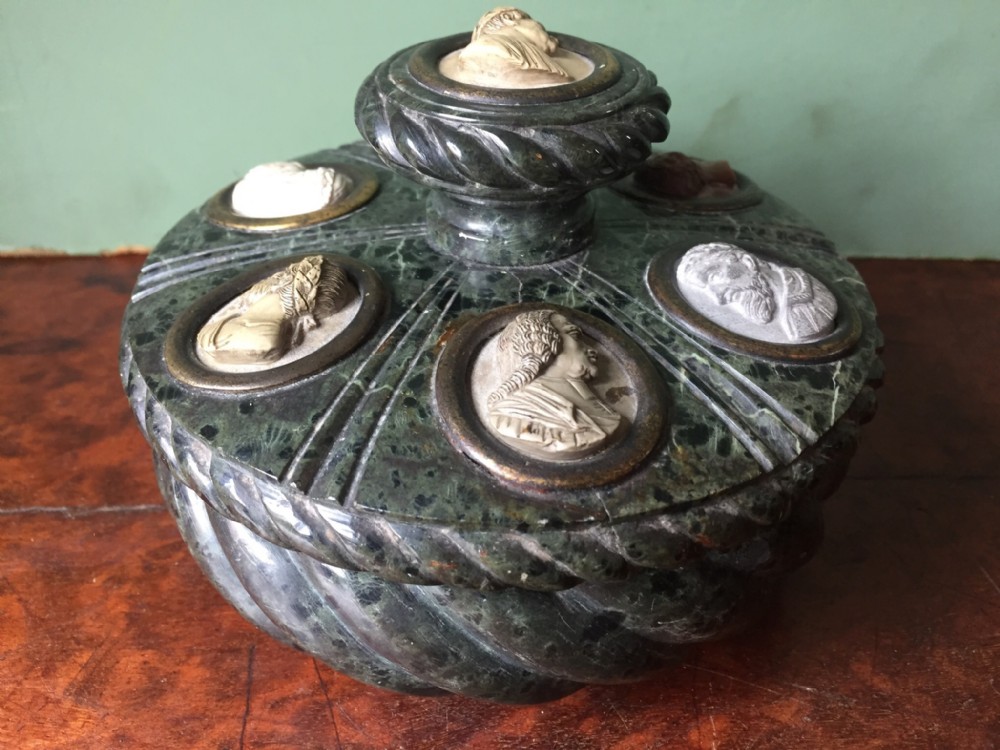 c19th italian 'grand tour' souvenir carved serpentine marble inkstand set with carved lava cameos