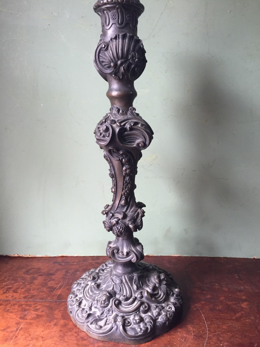 c19th cast bronze candlelamp base of rococo design