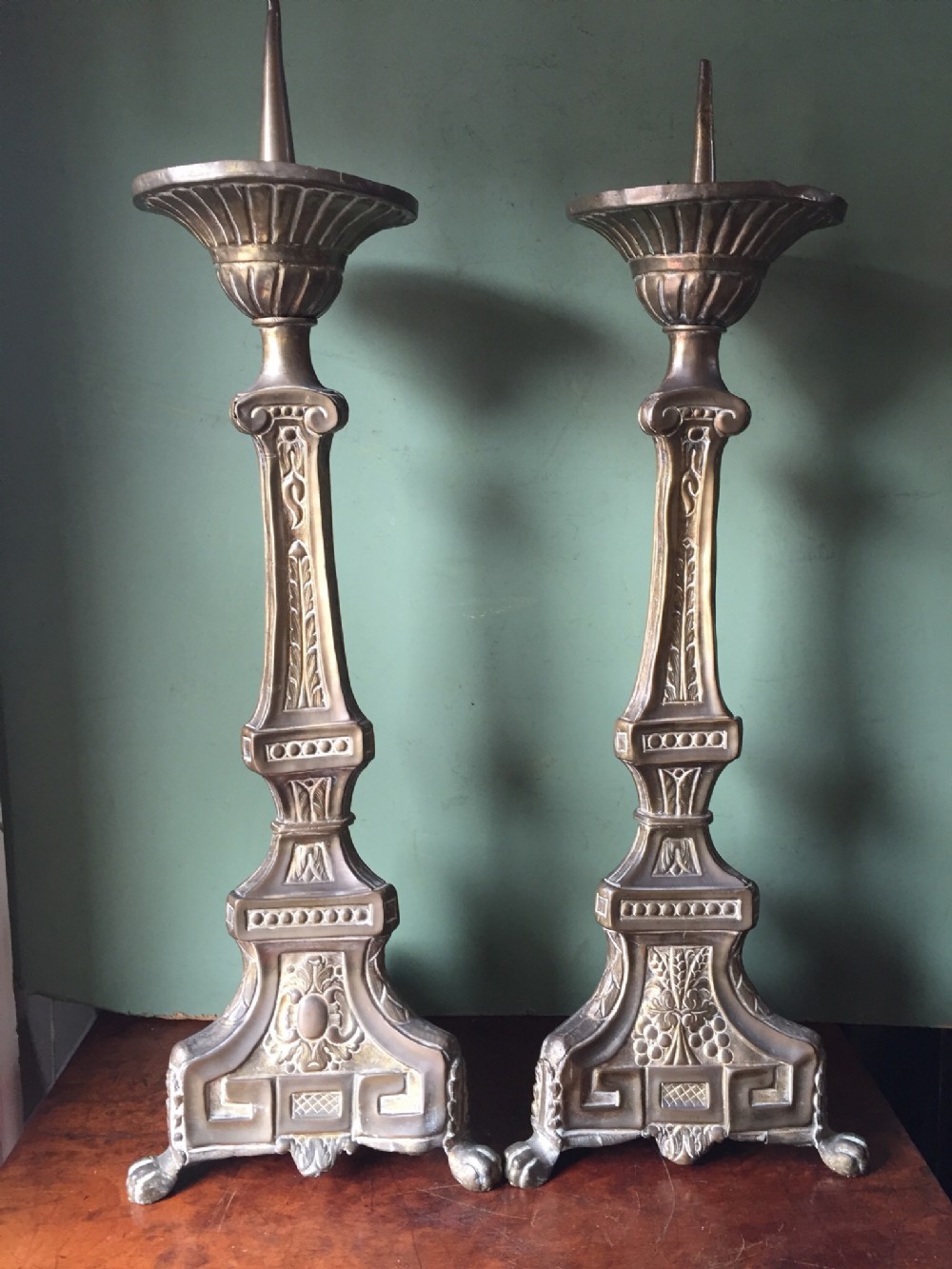 pair of c19th french pressed brass pricket candlesticks