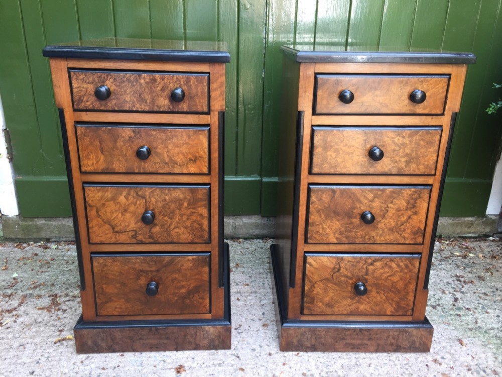 pair of c19th french walnut and burrwalnut bedside chestsofdrawers with ebonised details