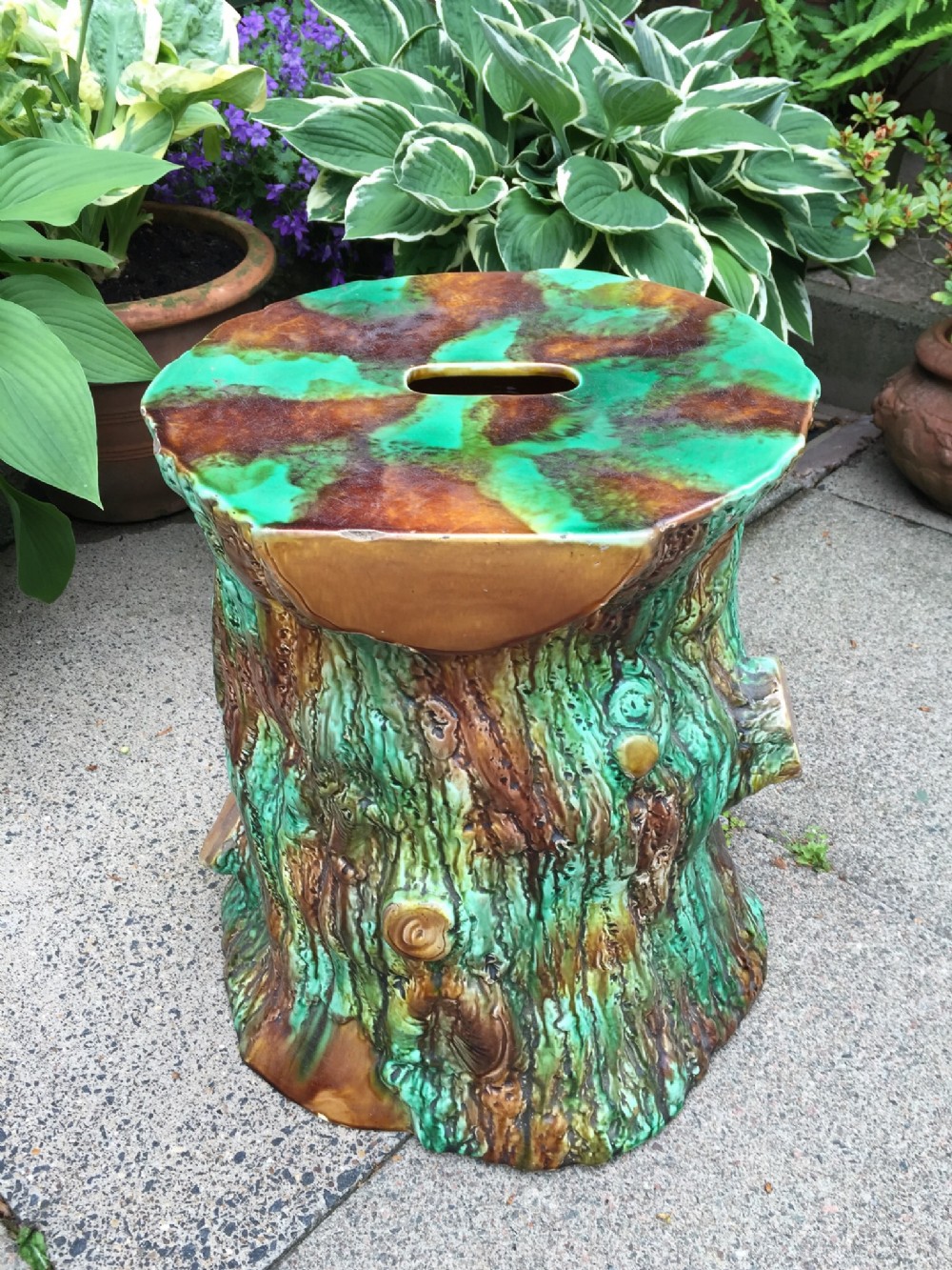 c19th victorian period majolicatype glazed pottery garden or 'grotto' seat fashioned as a treestump