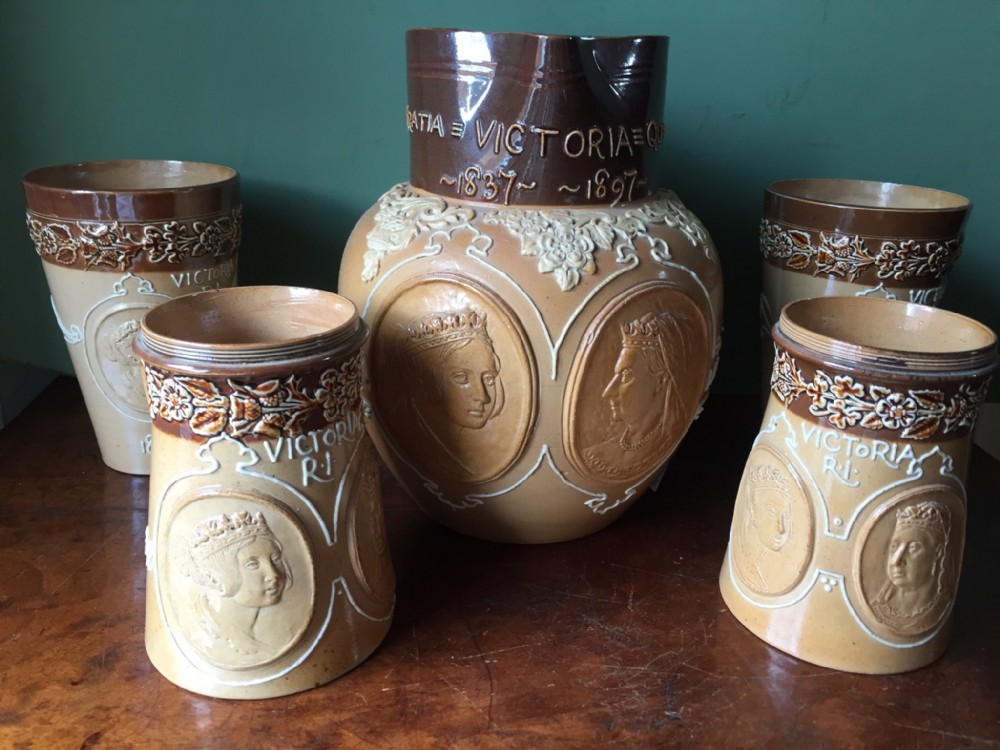 c19th suite of doulton lambeth commemorative stoneware saltglaze jug and drinking vessels