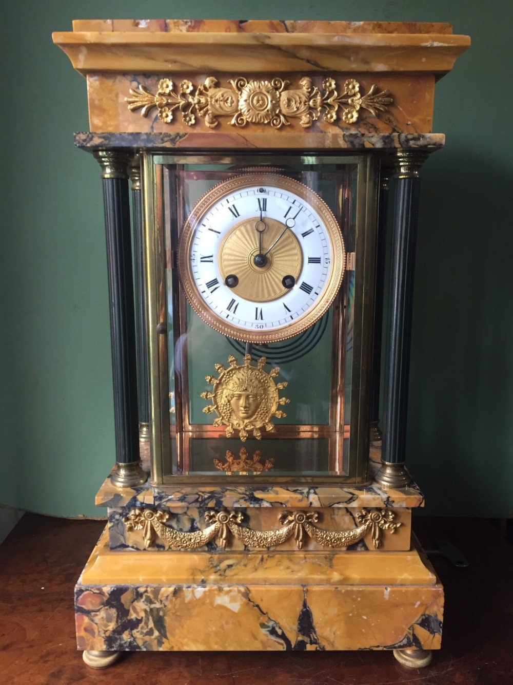 late c19thearly c20th french empire style siena marble 4glass mantel clock of architectural portico design