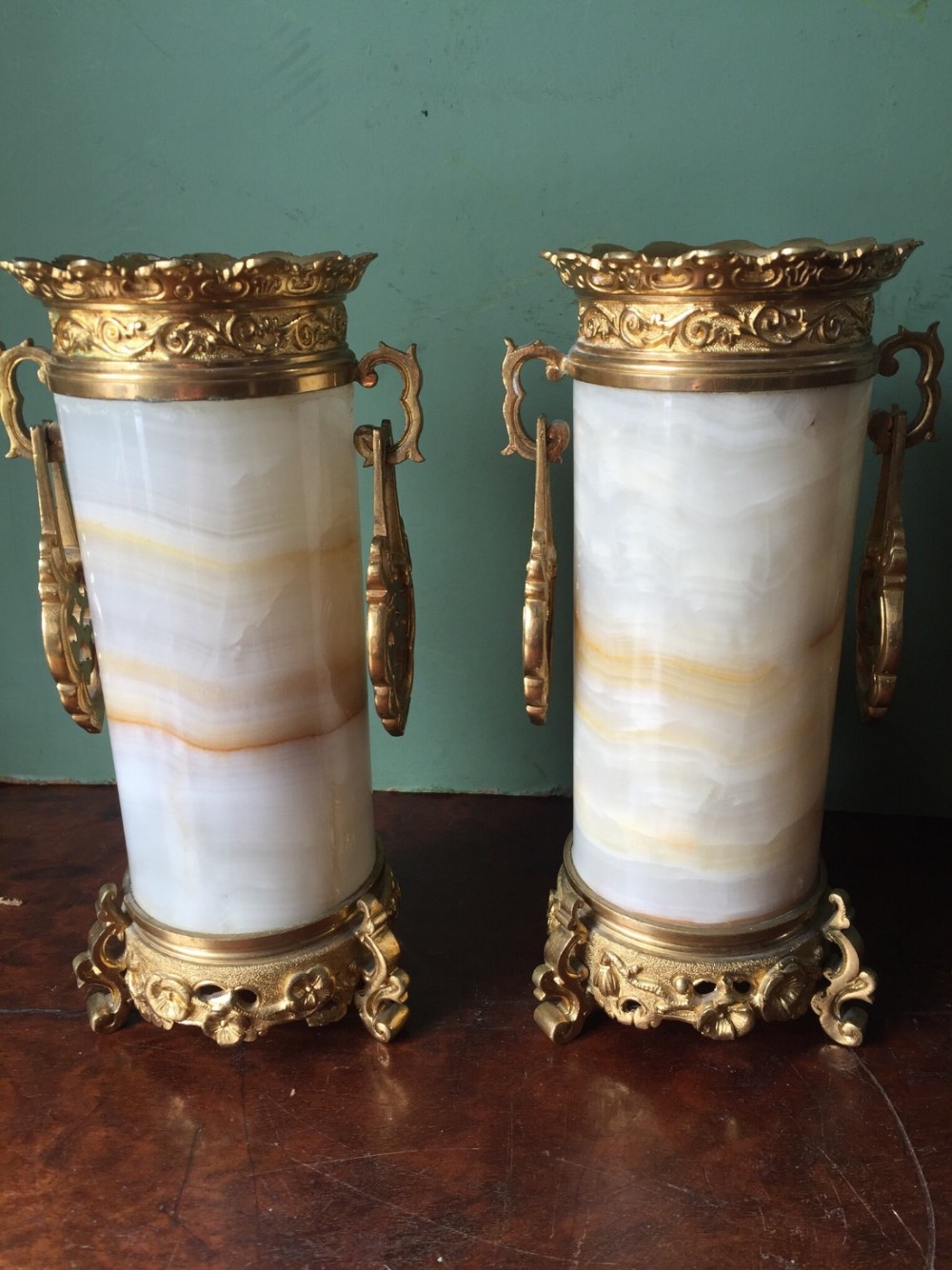 pair of late c19th french ormolumounted onyx vases in 'japonesque' style