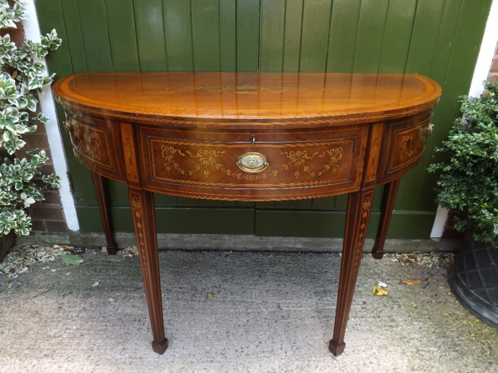 late c18th george iii period mahogany demilune side or pier table with profuse neoclassical style inlay