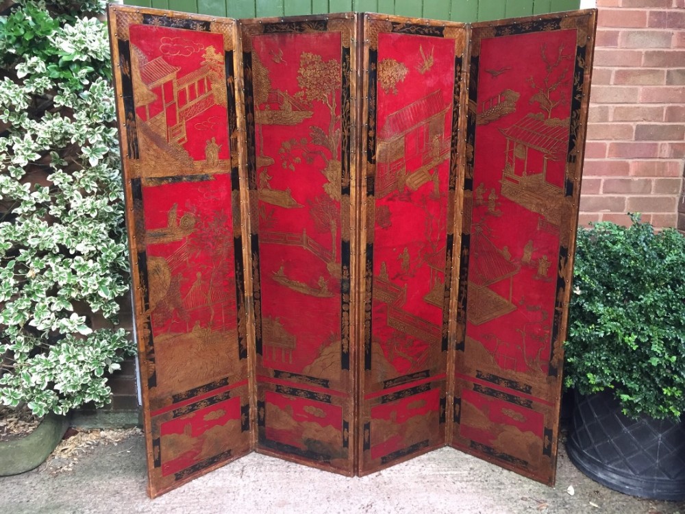 late c19th fourfold chinoiserie polychrome and gilt decorated embossed leather draughtscreen roomdivider