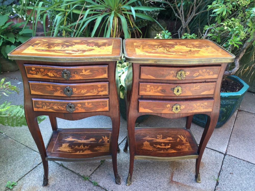 pair of late c19th french rosewood 'petite commodes' or 'tables en chiffoniere' with chinoiserie marquetry inlay