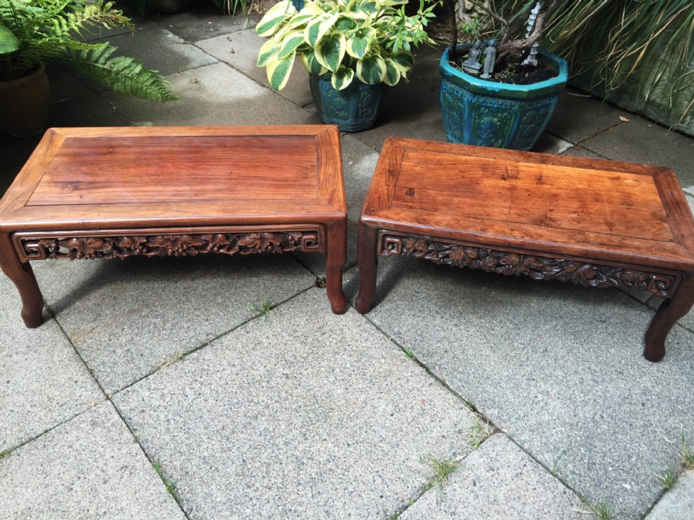 matched 'pair' of late c19thearly c20th chinese qing dynasty hardwood 'kang' tables