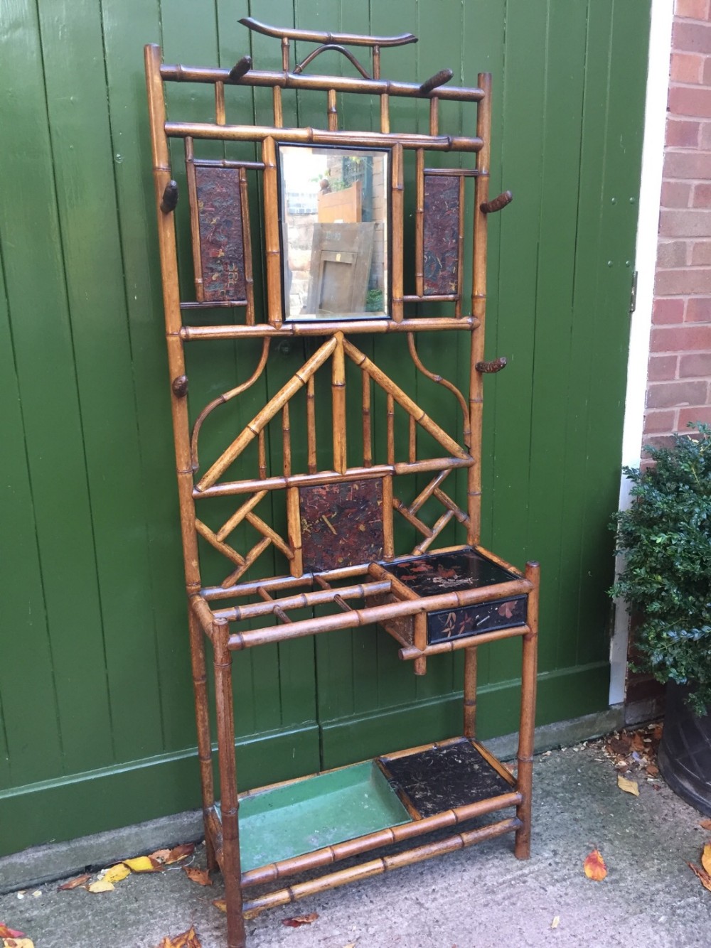 late c19th bamboo and chinoiserie panelled hat coat and stick hallstand