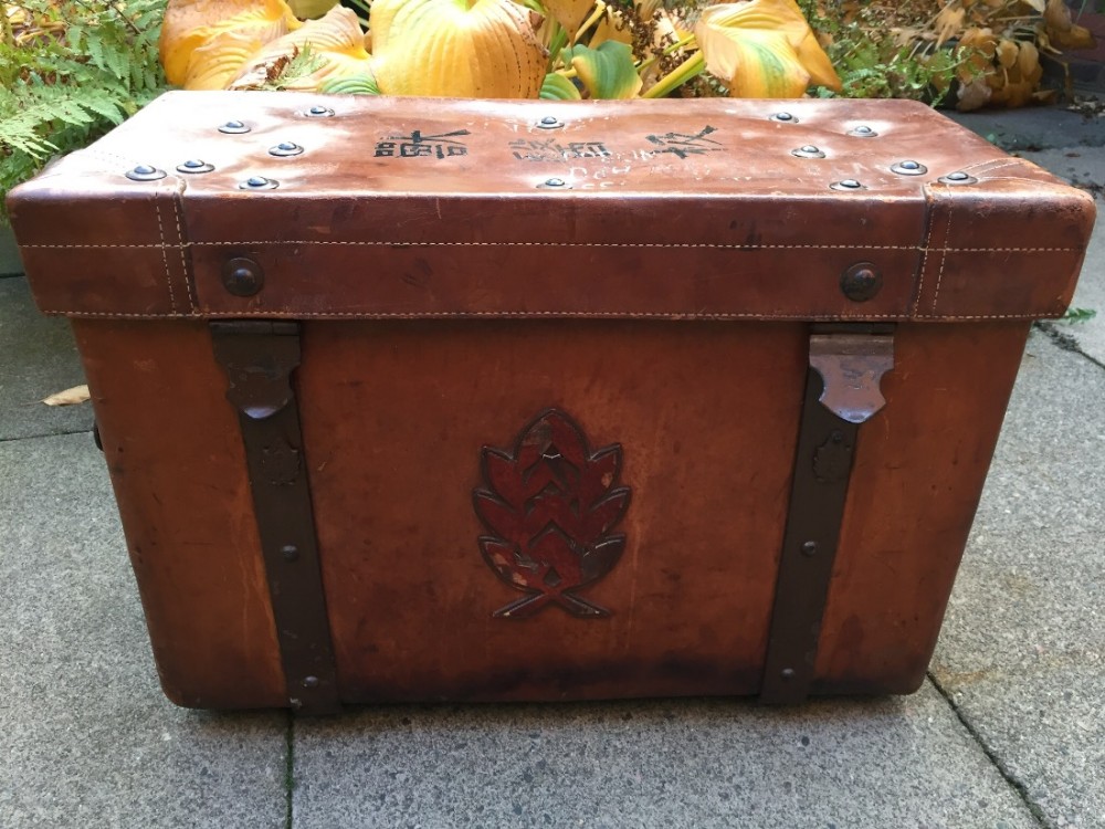 interesting and practical early c20th brassmounted leather trunk or chest