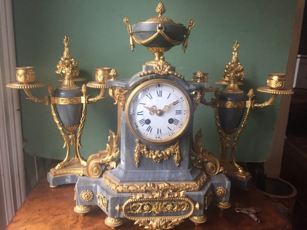 fine quality late c19th french ormolumounted 3piece 'bleu turquin' marble clock garniture