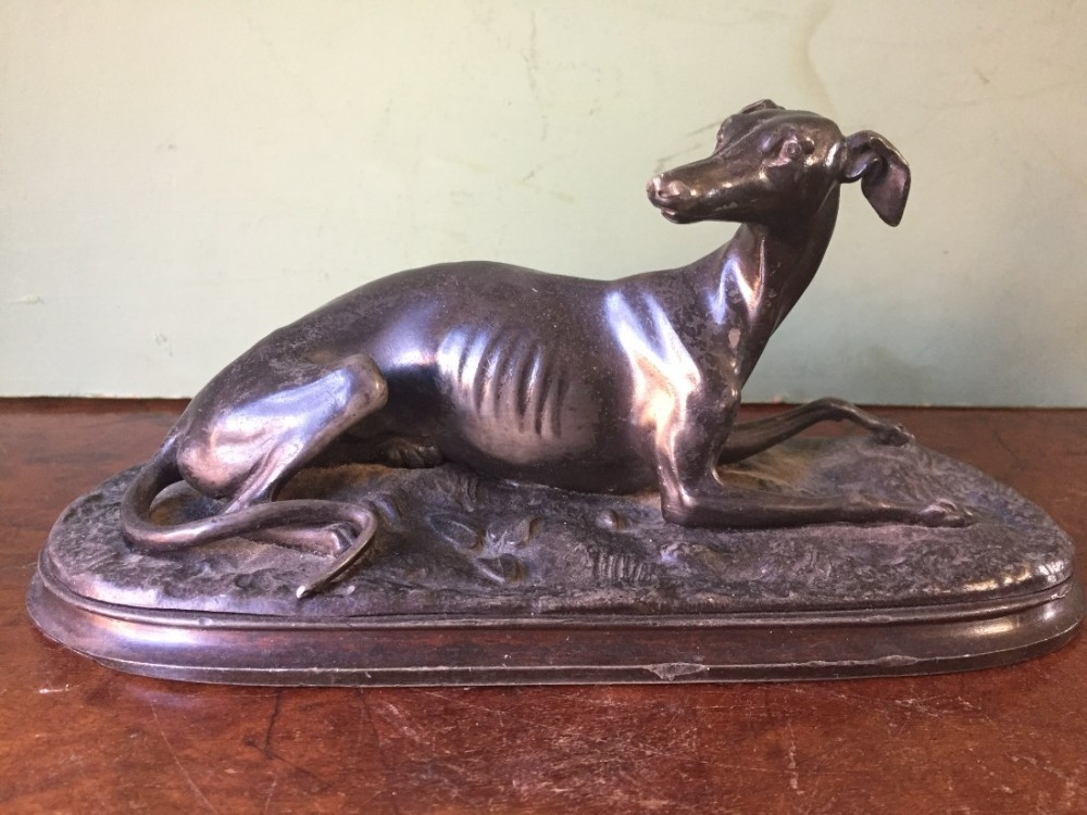 c19th french animalier bronzed spelter study of a recumbent greyhound