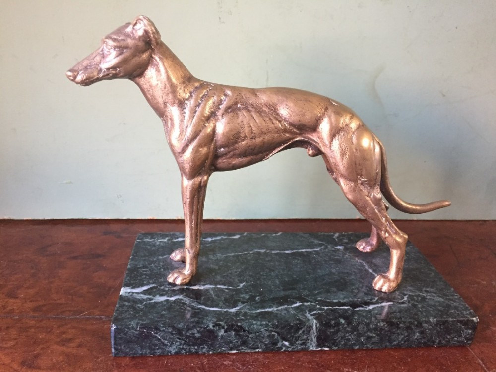late c19th gilt bronze study of a standing greyhound on a marble base