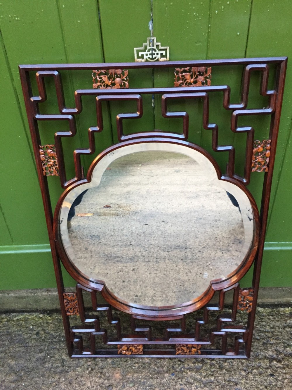 early c20th chinese hardwood open fretwork framed wall mirror with carved boxwood decoration