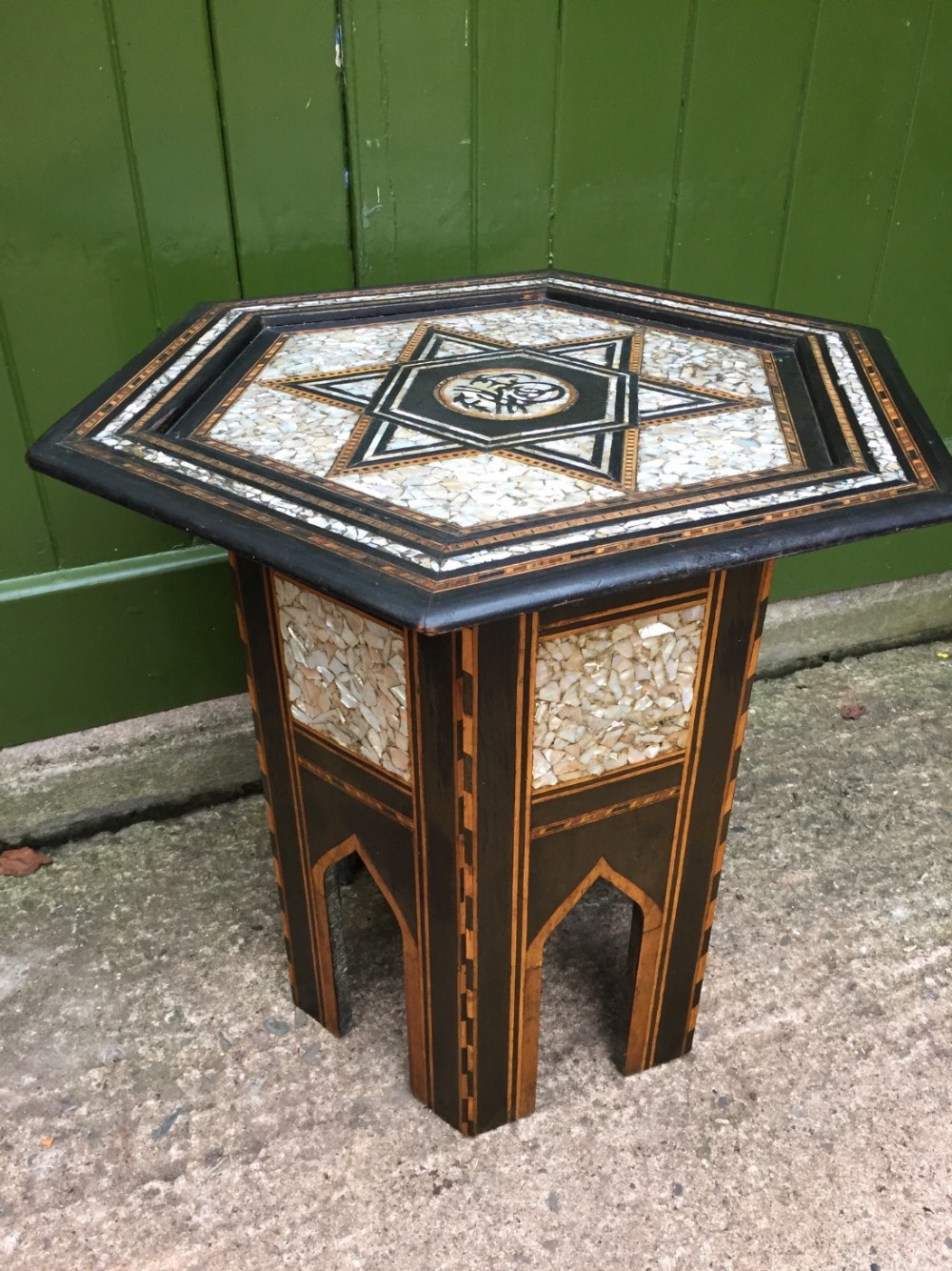 late c19thearly c20th syrian inlaid 'mother of pearl' nacreshell and ebonised hexagonal table